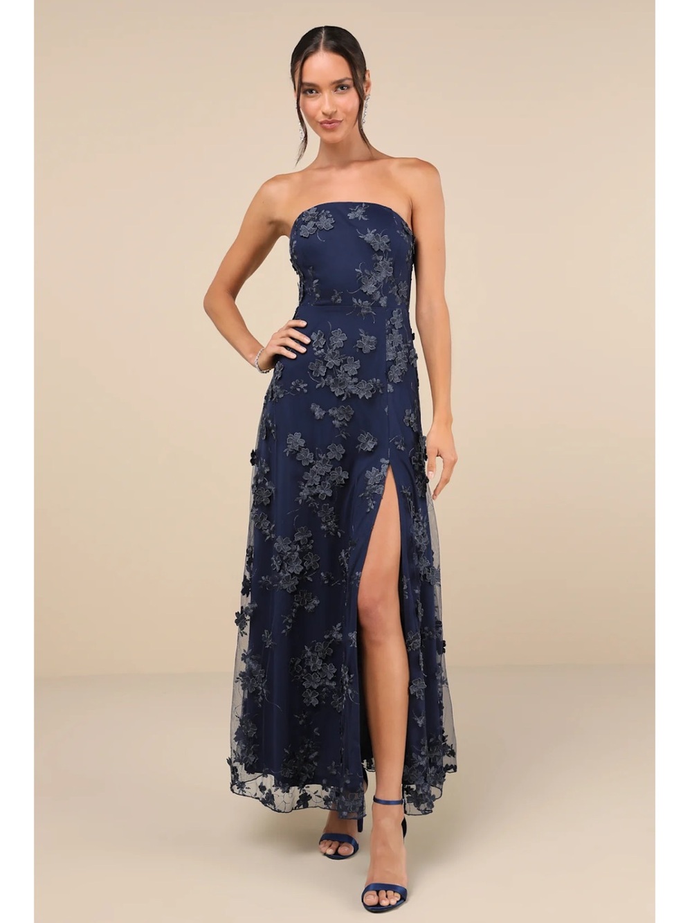 Lulus Rare Presence Navy Blue 3D Floral Embroidered Strapless Maxi Dress Event